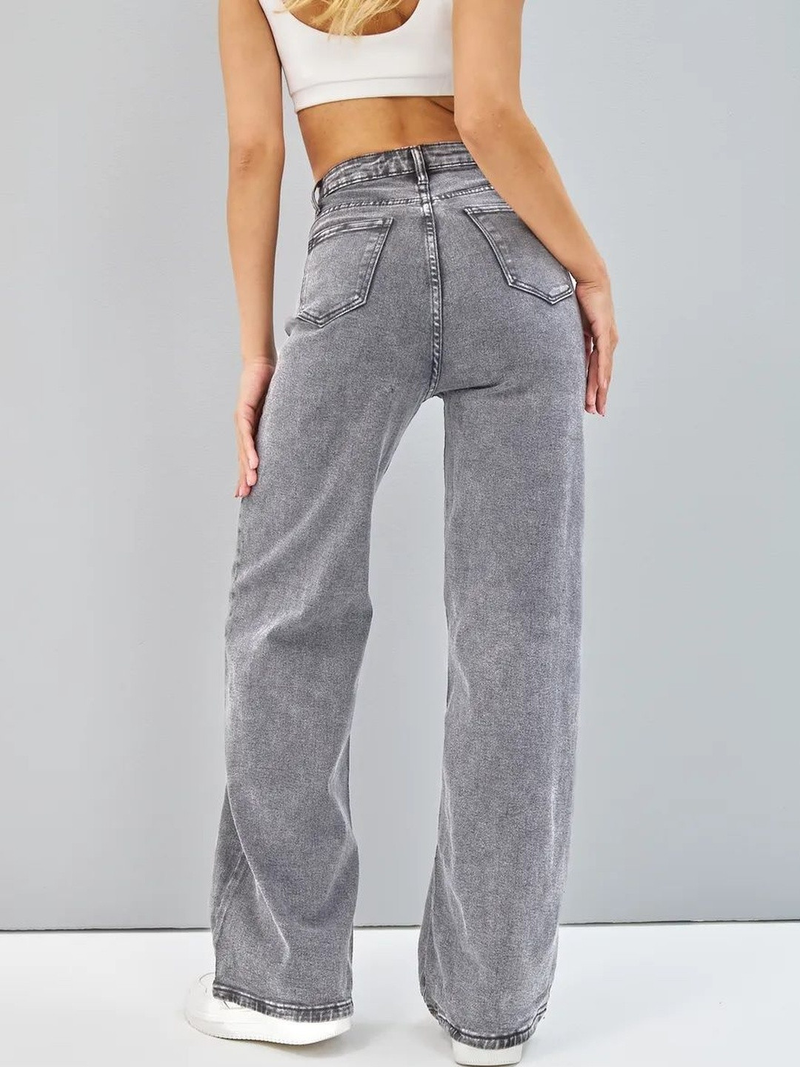 Women’s grey comfort flared high-rise stretchable jeans with light fade and acid wash detailing.