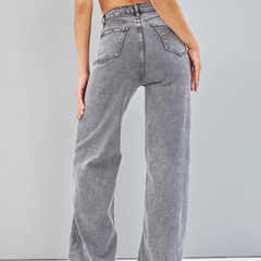 Women’s grey comfort flared high-rise stretchable jeans with light fade and acid wash detailing.