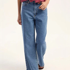 Women's light blue super wide leg high-rise stretchable jeans.