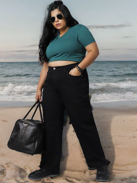 Women's black relaxed fit high-rise stretchable jeans with mildly distressed detailing.