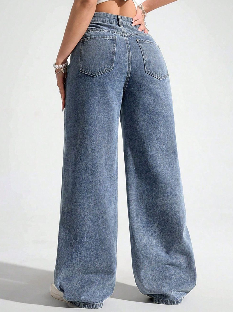Women's blue high-rise stretchable jeans with light fade details