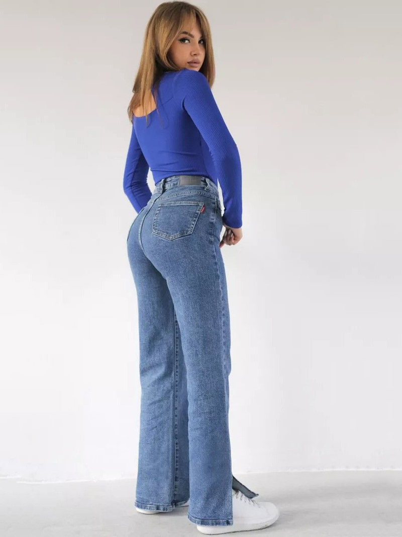 Women's light blue wide leg high-rise stretchable jeans.