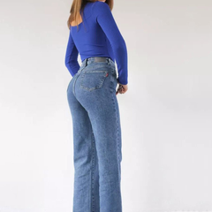 Women's light blue wide leg high-rise stretchable jeans.