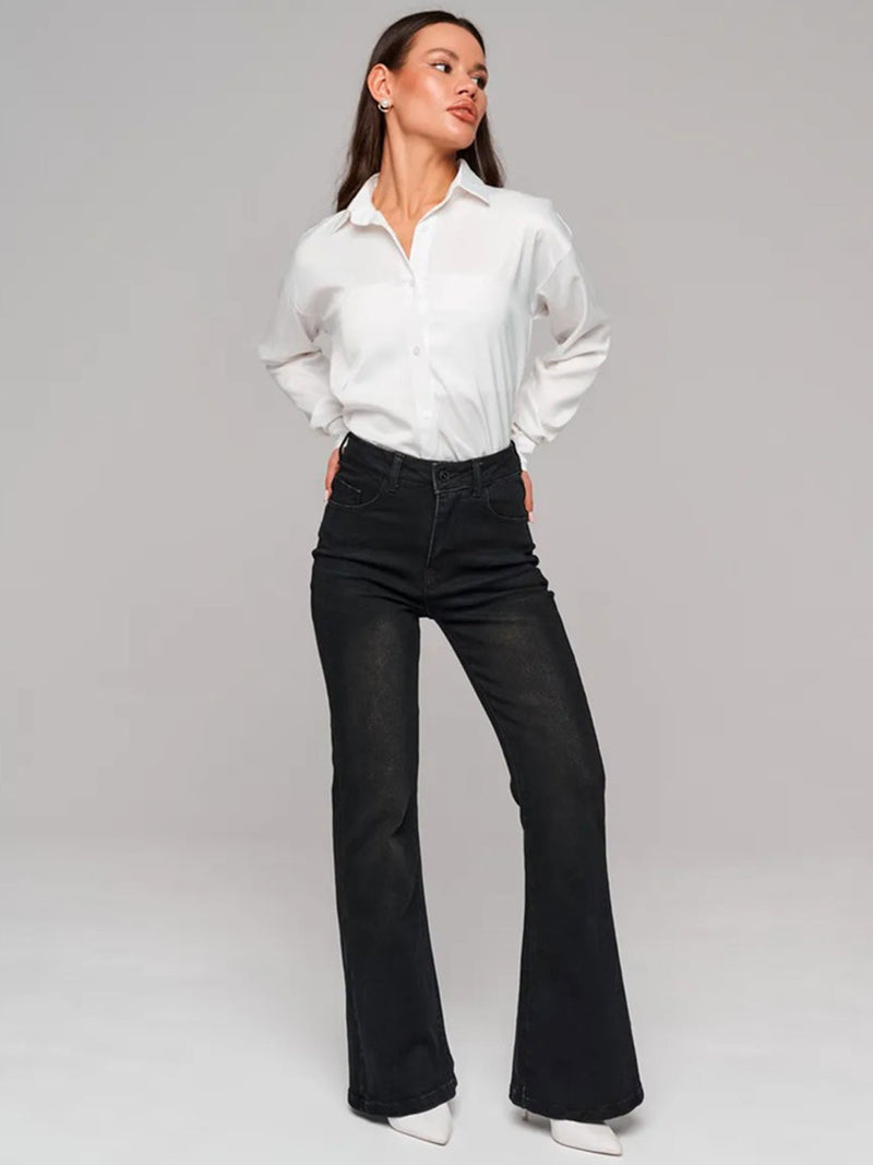 Women’s Black Flared High-Rise Acid-Wash Jeans