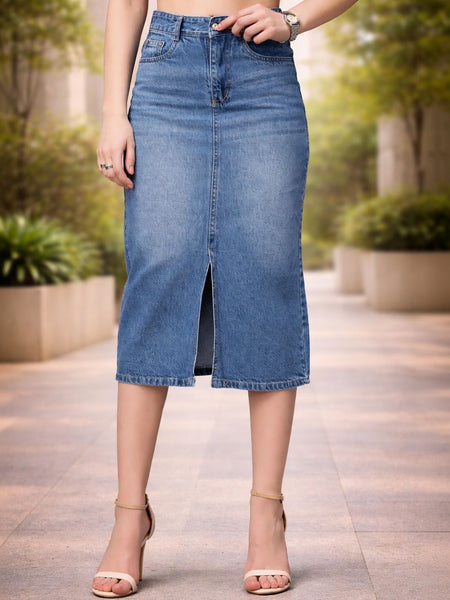 Women’s Light Blue Denim Front-Slit Above-Knee Skirt