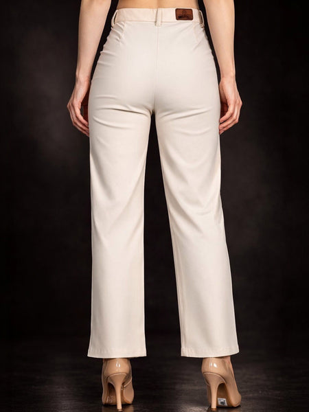 Women's white high-rise wide-leg stretchable Cream colour trousers