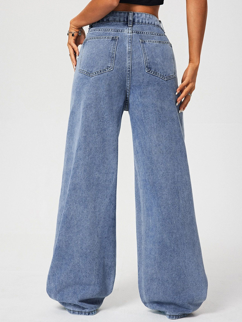 Women's light blue high-rise stretchable flared baggy jeans.