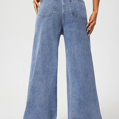Women's light blue high-rise stretchable flared baggy jeans.