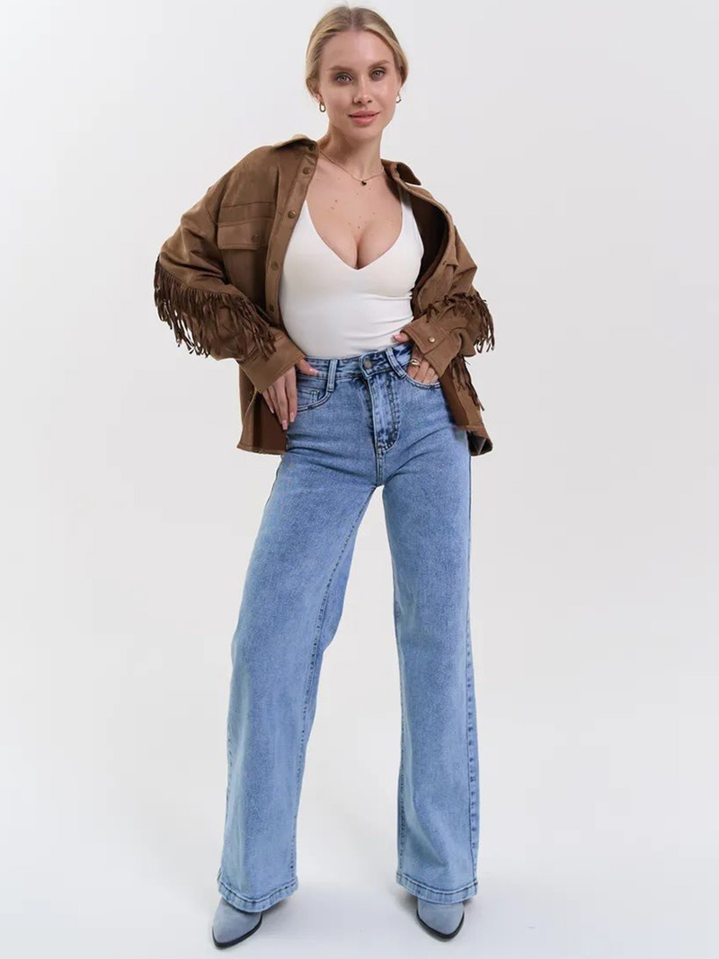 Women's light blue wide leg high-rise stretchable jeans with light fade and pleated detailing.