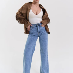 Women's light blue wide leg high-rise stretchable jeans with light fade and pleated detailing.