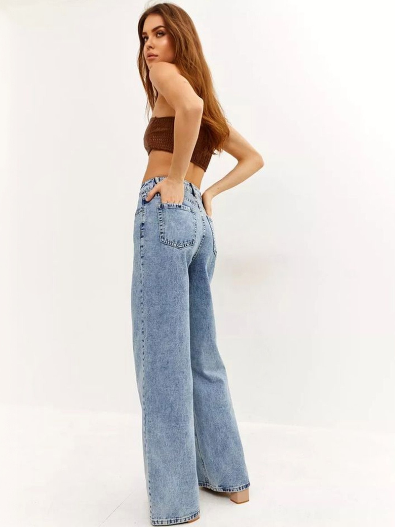 Women’s light blue regular fit high-rise stretchable jeans with light fade detailing.