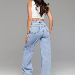 Women's light blue wide leg high-rise stretchable jeans with light fade detailing.