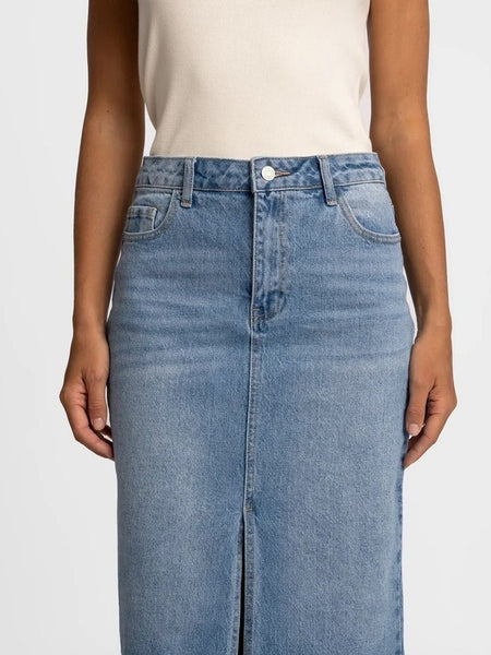 Light blue denim midi skirt with front slit and high-rise fit for women