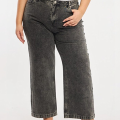 Women's grey relaxed fit high-rise stretchable jeans with heavy fade detailing.