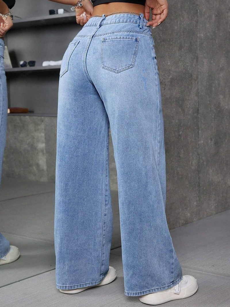Women's light blue flared high-rise stretchable jeans with low distress and light fade detailing.