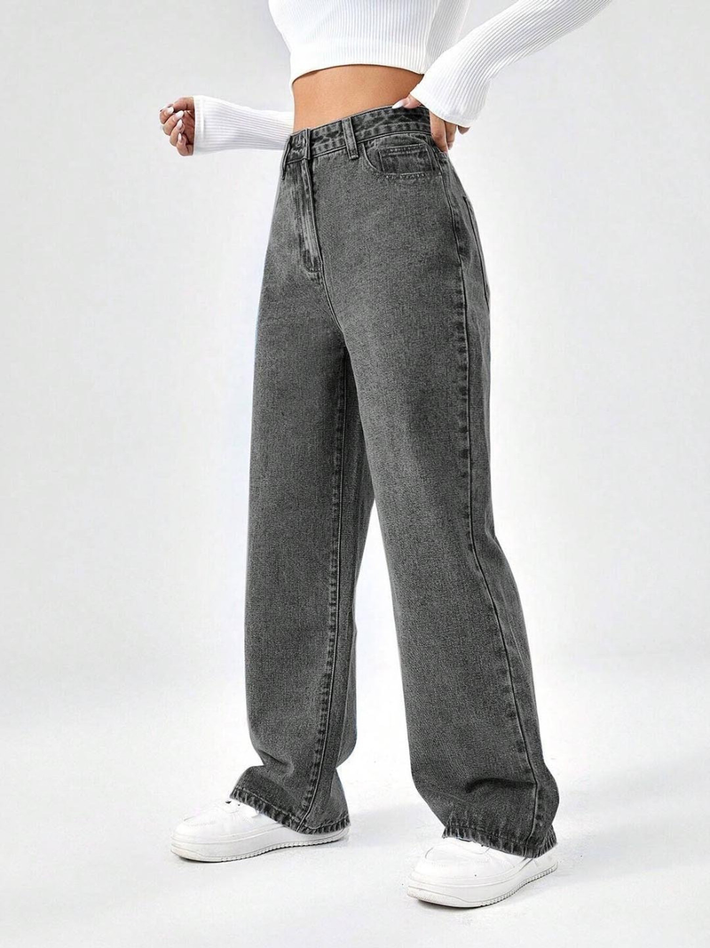 Women's grey straight fit high-rise stretchable jeans with slash knee detailing.