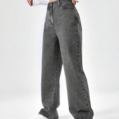 Women's grey straight fit high-rise stretchable jeans with slash knee detailing.
