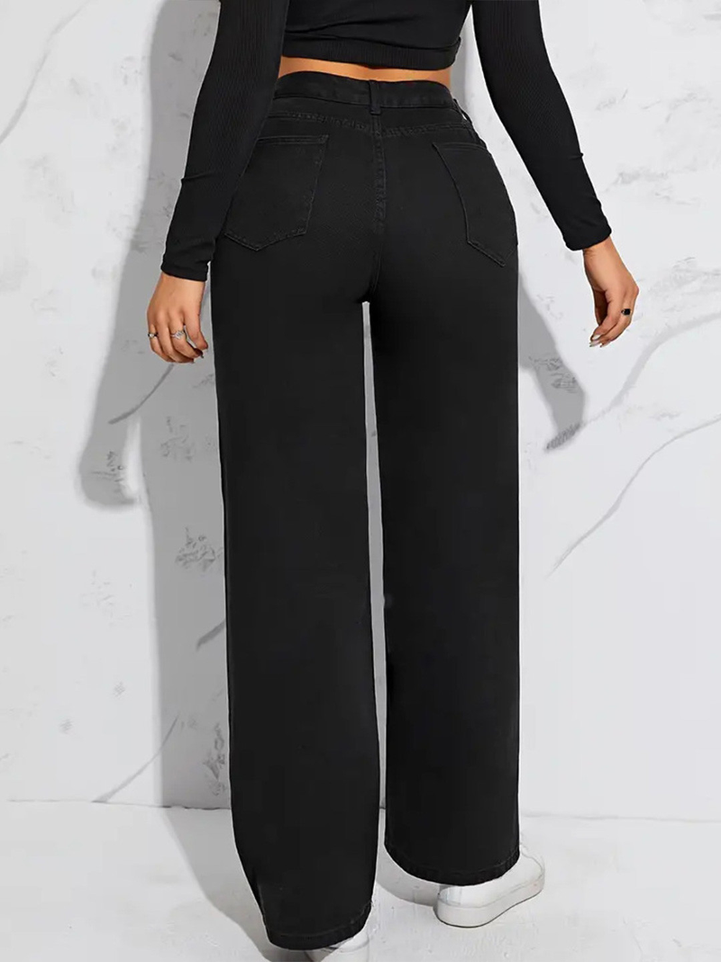 Women's black straight fit high-rise stretchable jeans.