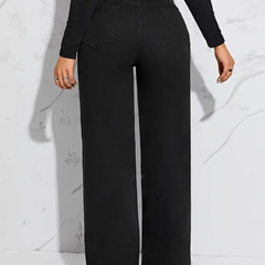 Women's black straight fit high-rise stretchable jeans.