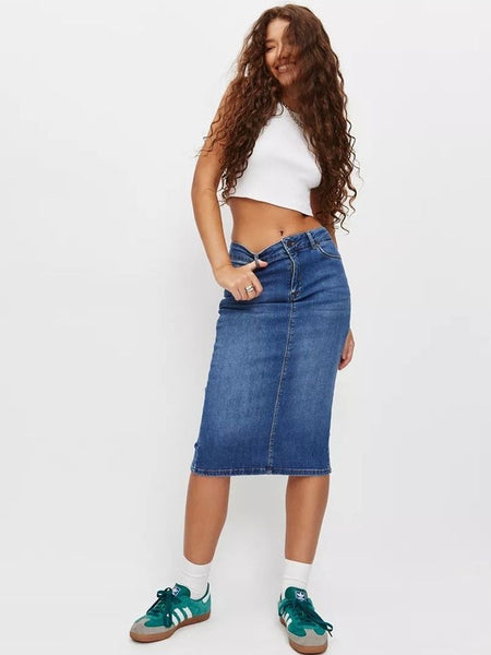 Women’s Blue Denim Front-Slit Above-Knee Skirt