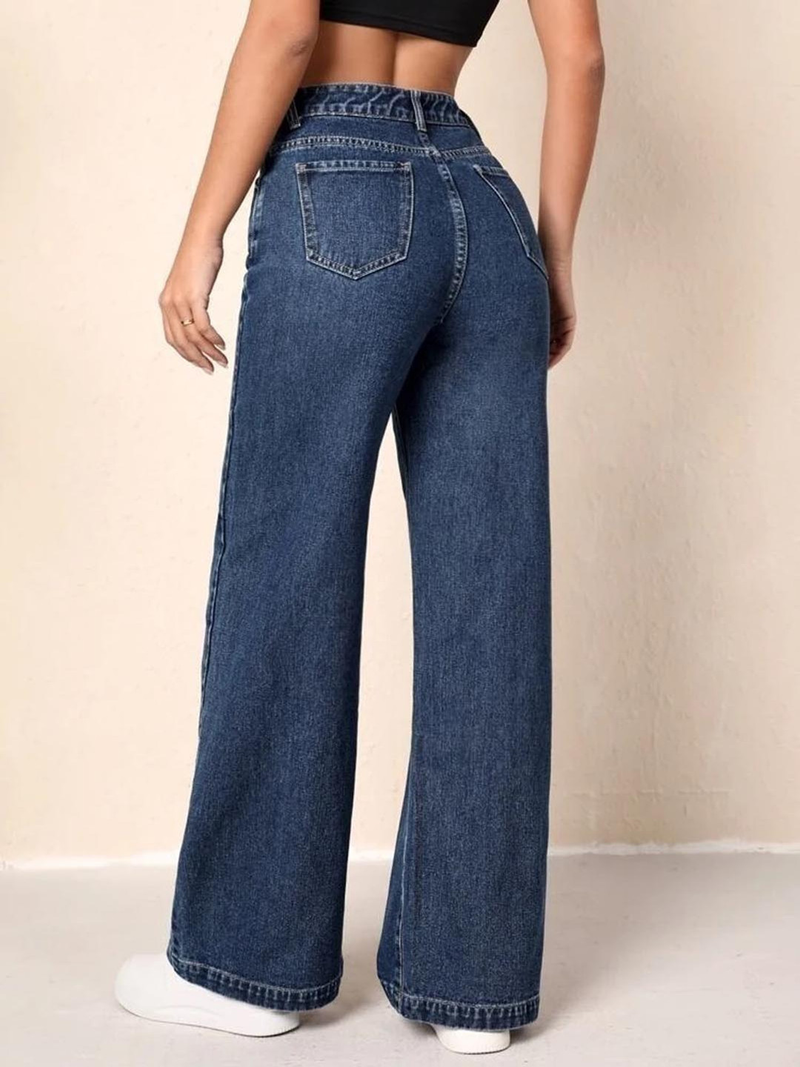 Women's dark blue high-rise stretchable wide leg jeans.