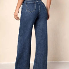 Women's dark blue high-rise stretchable wide leg jeans.