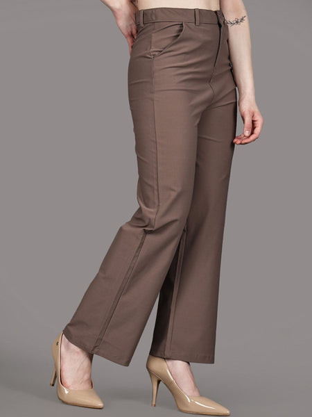 Women's brown high-rise flared stretchable trousers