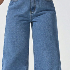 Women's blue high-rise stretchable bootcut jeans with a no fade design.