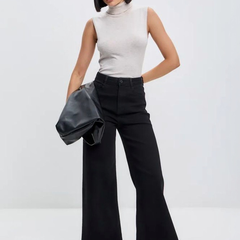 Women's black wide leg high-rise stretchable jeans.