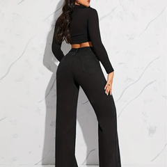 Women's black straight fit high-rise stretchable jeans.
