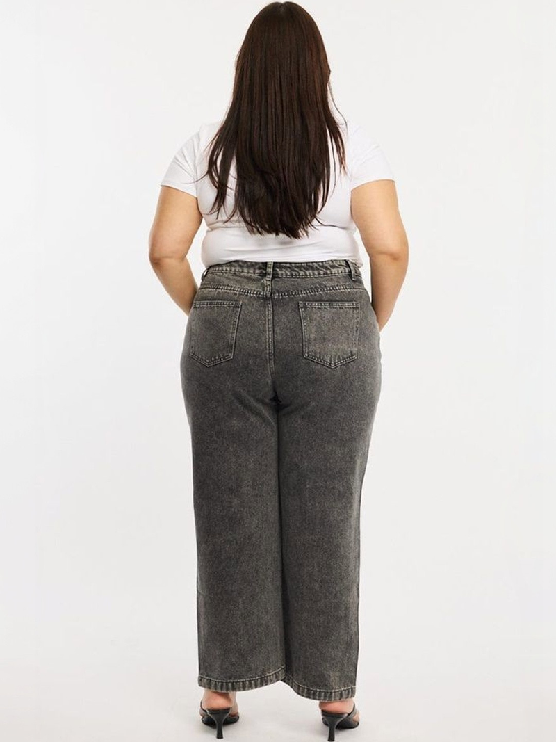 Women's grey relaxed fit high-rise stretchable jeans with heavy fade detailing.