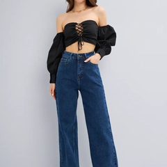 Women’s dark blue wide leg high-rise stretchable jeans.