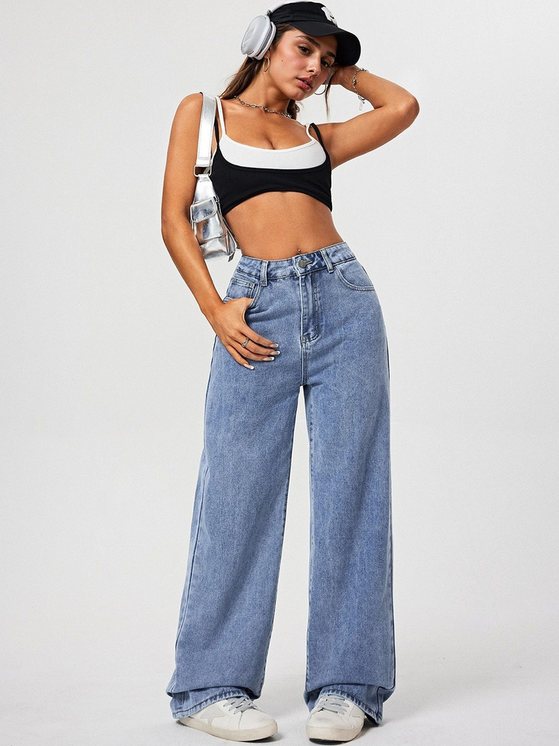 Women's light blue high-rise stretchable flared baggy jeans.