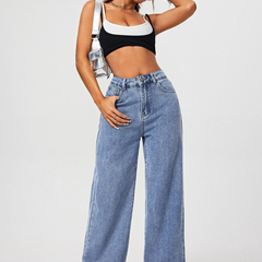 Women's light blue high-rise stretchable flared baggy jeans.