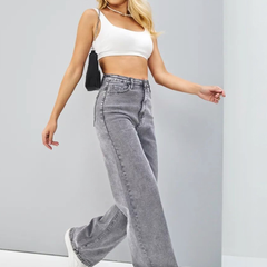 Women’s grey comfort flared high-rise stretchable jeans with light fade and acid wash detailing.