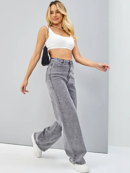 Women’s grey comfort flared high-rise stretchable jeans with light fade and acid wash detailing.