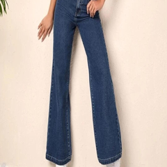 Women's dark blue high-rise stretchable wide leg jeans.