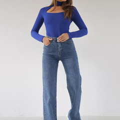 Women's light blue wide leg high-rise stretchable jeans.