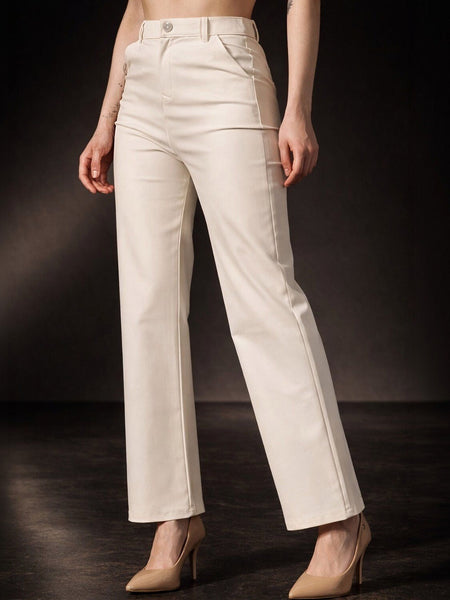 Women's white high-rise wide-leg stretchable Cream colour trousers