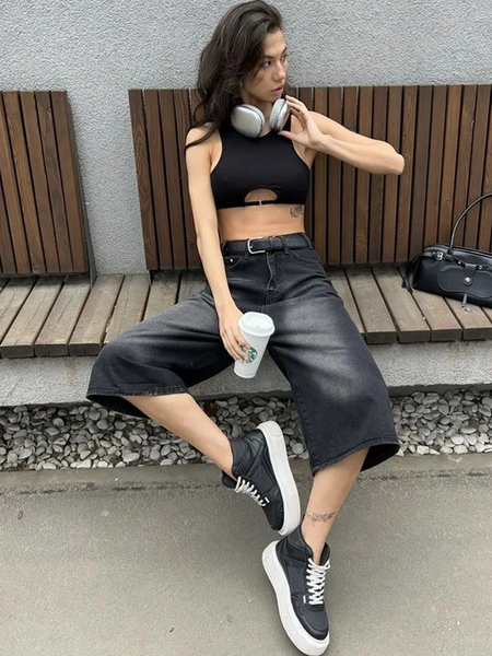 Women High-Rise Comfort Wide Leg Denim Short