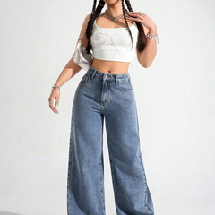 Women's blue high-rise stretchable jeans with light fade details