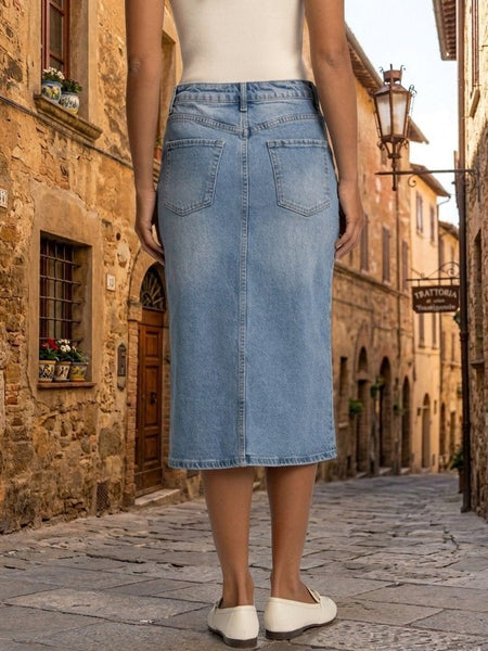 Light blue denim midi skirt with front slit and high-rise fit for women