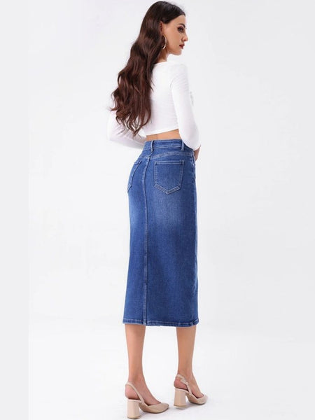 Women’s Blue Denim Front-Slit Above-Knee Skirt