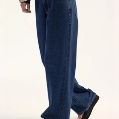Women's dark blue wide leg high-rise stretchable jeans.
