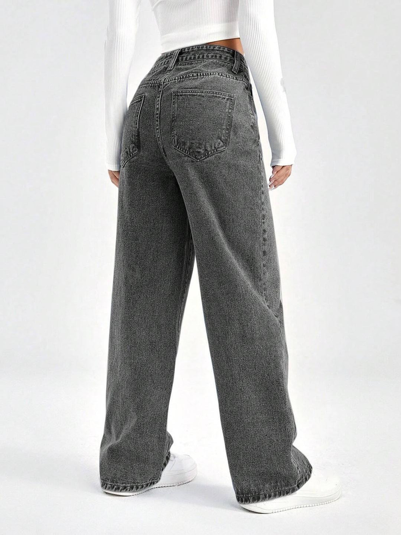 Women's grey straight fit high-rise stretchable jeans with slash knee detailing.