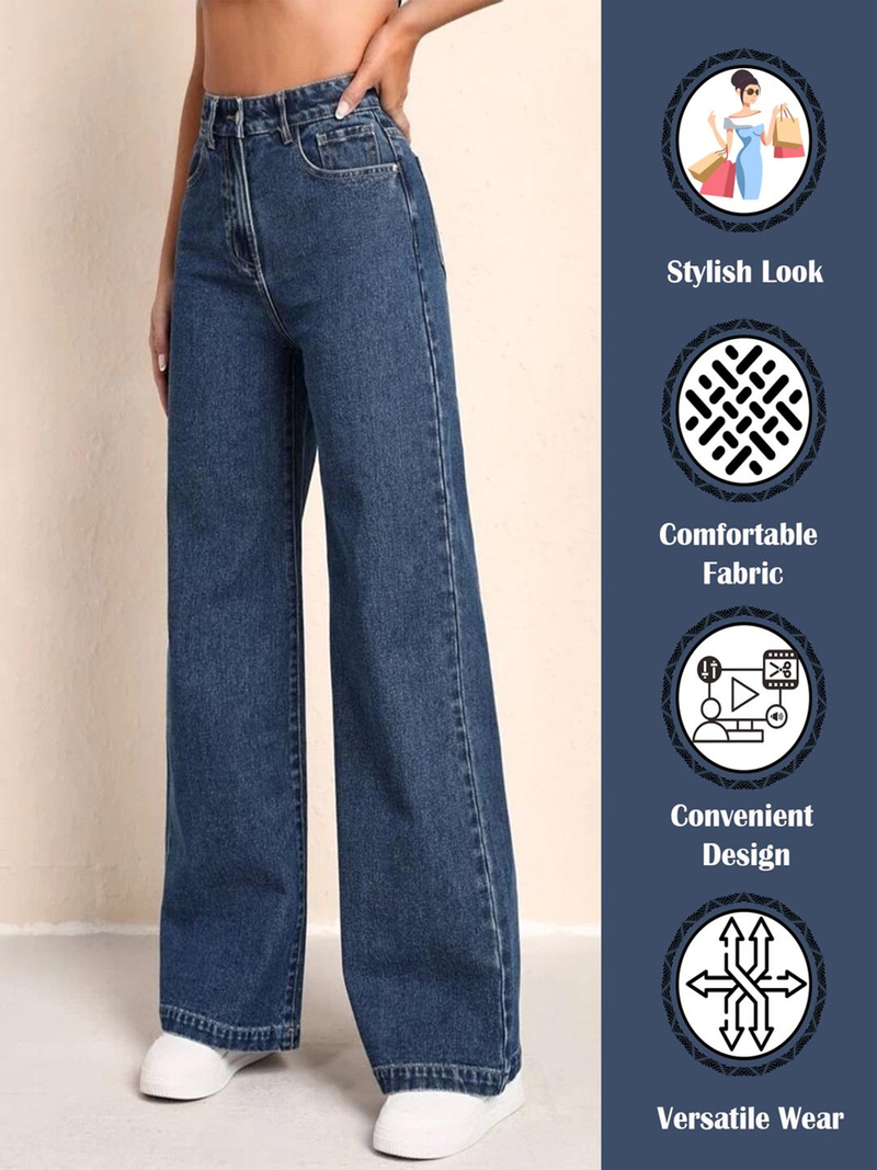 Women's dark blue high-rise stretchable wide leg jeans.