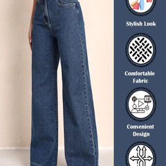 Women's dark blue high-rise stretchable wide leg jeans.