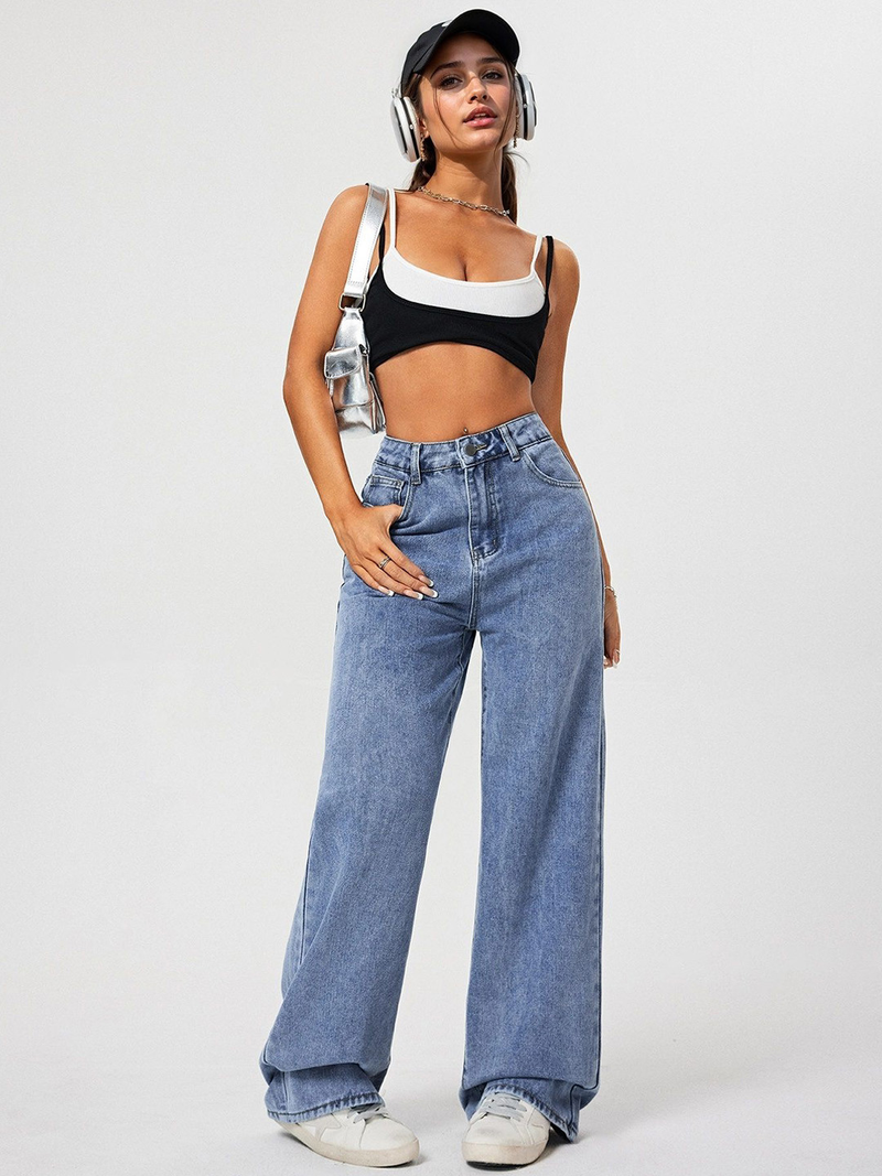 Women's light blue high-rise stretchable flared baggy jeans.