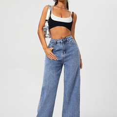 Women's light blue high-rise stretchable flared baggy jeans.