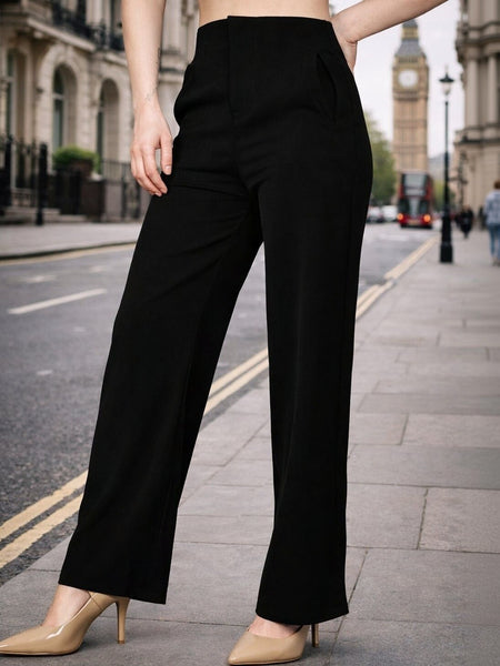 Women's black high-rise pleated stretchable trousers